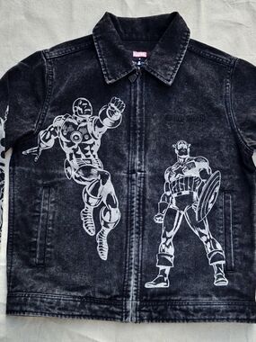 Marvel x Teddy Fresh Denim Jacket Acid Wash Iron Man Captain America Hulk XS New